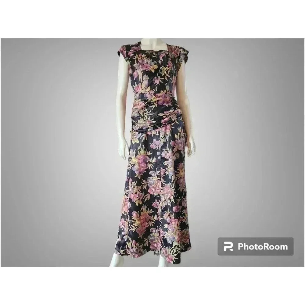 Vintage 1930s Satin Floral Gown with Bustle S